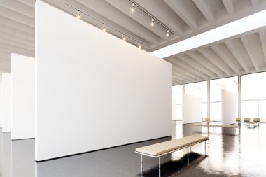 Resim sergi modern galeri, açık alan. Boş beyaz boş tuval çağdaş sanat müzesi asılı. İç çatı tarzı beton zemin, ışık noktalar, jenerik tasarım mobilya ve bina. 3d render