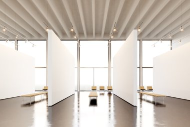 Fotoğraf sergi alanı modern galeri. Boş beyaz boş tuval çağdaş sanat müzesi asılı. Beton zemin ile Iç loft tarzı, ışık noktalar, jenerik tasarım mobilya ve bina.3d render