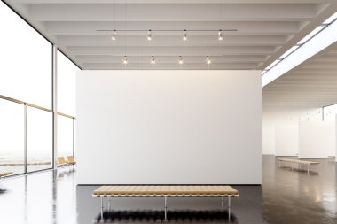Resmi Fuar modern Galerisi, açık alan. Çağdaş Sanat Müzesi asılı boş beyaz boş tuval. İç loft tarzı beton zemin, hafif lekeler, genel tasarım mobilya ve building.3d işleme