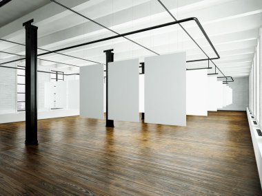 Modern binada loft iç Fotoğraf. Açık uzay stüdyosu. Boş beyaz tuval asılı. Ahşap zemin, tuğla duvar, panoramik pencereler. İş güvenliği bilgileri için boş çerçeveler hazır. Yatay. 3d render