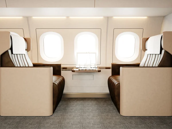 Zdjęcie wnętrza luksusowy prywatny samolot. Pusty skórzanym fotelu, rodzajowy nowoczesny laptop tabela. Obraz gotowy dla Twojej informacji biznesowych. Makieta poziome. renderowania 3D — Zdjęcie stockowe
