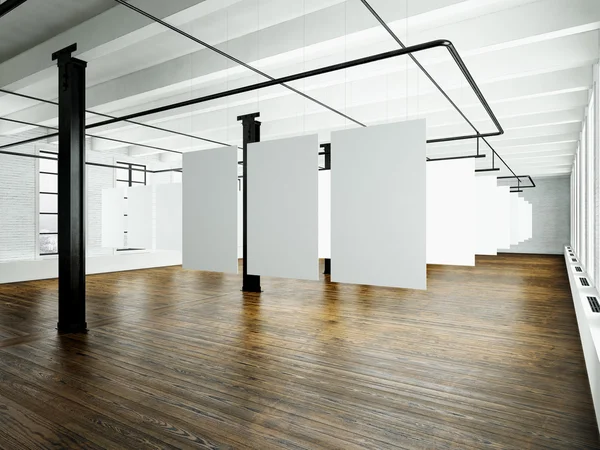 Foto do interior do sótão em edifício moderno.Estúdio de espaço aberto. Placa de lona branca vazia.Piso de madeira, parede de tijolos, janelas panorâmicas. Caixilhos em branco prontos para informações de bussiness. Horizontal. Renderização 3d — Fotografia de Stock