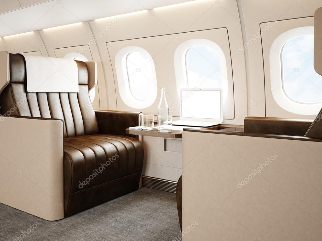 Photo Interior Of Luxury Private Jet Empty Leather Chair