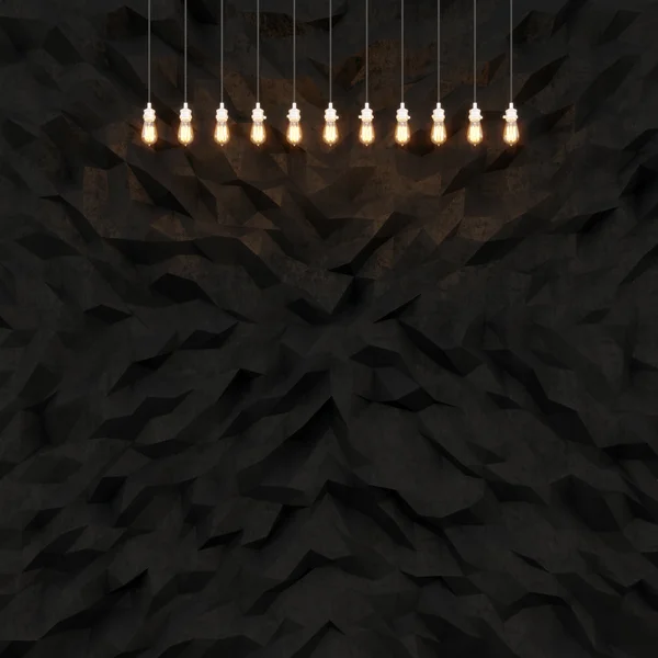 Концептуальная фотография высокодетальной абстрактной полигональной поверхности. Фасад черной бетонной стены. Абстрактный пустой графический фон с винтажными электрическими лампами. Образец квадратный. 3d-рендеринг — стоковое фото