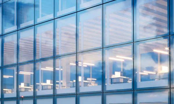 Foto de primer plano del interior del rascacielos moderno. piso de la oficina en el tiempo de la tarde. ventanas panorámicas fachada fondo, centro de negocios contemporáneo. espacio de trabajo vacío. Una verdadera maqueta horizontal, bengalas. renderizado 3d — Foto de Stock