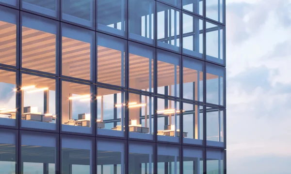 Foto von Wolkenkratzer-Turm. Hochhaus-Büro, Innenraum in der Abendzeit. Panoramafenster Fassadenhintergrund, zeitgenössisches Business Center. leer coworking room.real horizontal mockup, flares.3d rendering — Stockfoto