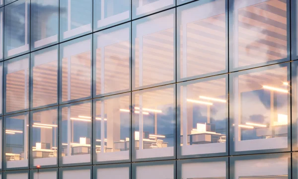 Blick auf moderne Wolkenkratzer. moderne Büroeinrichtung in der Nacht. Panoramafenster Fassadenhintergrund, zeitgenössisches Business Center. Leerer Besprechungsraum. echte horizontale Attrappe, Fackeln. 3D-Darstellung — Stockfoto