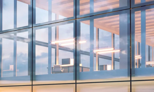 Closeup photo of modern business center.High floor office, interior in evening time. Panoramic windows facade background, contemporary building. Empty coworking room.Horizontal,flares. 3d rendering — Stock Photo, Image