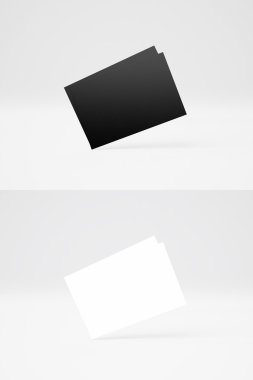 Soyut arka planda iki yığın siyah ve beyaz kartvizit çift dikey fotoğraf. Boş kartlar satır doku beyaz izole. Dikey maket. 3d render