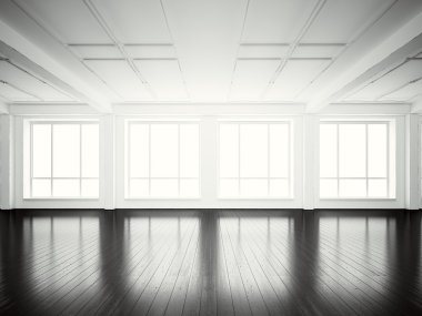 Açık alan ofis modern bina resmi. Ahşap zemin ve panoramik pencereler ile boş iç çatı tarzı. Soyut arka plan, boş duvarlar. İş bilgisi için hazır. Yatay mockup.3d render