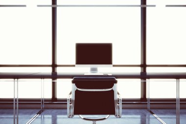 Panoramik pencereler ile iş merkezinde Fotoğraf modern coworking ofis. Jenerik tasarım bilgisayarları ve jenerik beyaz mobilya çağdaş çalışma alanı. Açık alan çatı katı. Yatay. 3d render