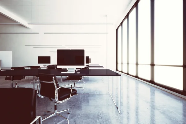 Photo modern wifi zone lounge cafe airport with panoramic windows.Generic design computers and generic white furniture in contemporary conference hall.Open space for coworking.Horizontal. 3D rendering — Stock Photo, Image