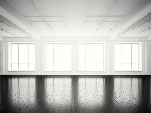 Imagen de un edificio moderno de oficinas de espacio abierto.Estilo de loft interior vacío con suelo de madera y ventanas panorámicas.Fondo abstracto, paredes en blanco. Listo para negocio info.Horizontal mockup.3d rendering —  Fotos de Stock