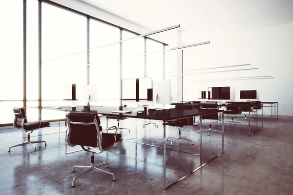 パノラマの窓が付いている写真近代的なWi-FiゾーンVIPラウンジ空港。コンテンポラリーな会議室に一般的なデザインコンピュータと一般的な白い家具。コワーキングのためのオープンスペース。水平。3D レンダリング — ストック写真