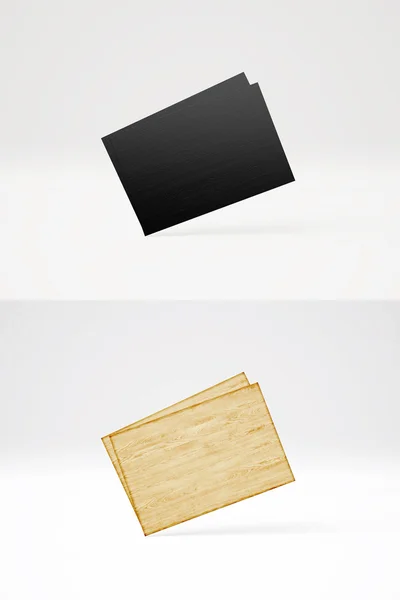 Double vertical photo of two stack black and White business Cards on abstract background. Empty cards wood texture material isolated white. Vertical mockup. 3d rendering — Stock Photo, Image