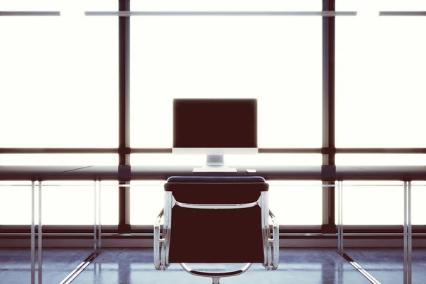 Foto modern Coworking Office i Business Center med panoramafönster. Generiska design datorer och generiska vita möbler samtida arbetsutrymme. Öppet utrymme Loft. Horisontella. 3D-rendering — Stockfoto