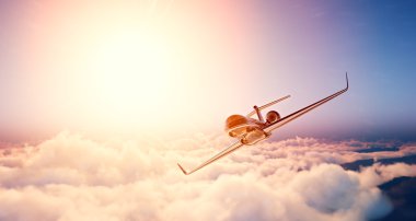 Image of black luxury generic design private jet flying in blue sky at sunrise. Huge white clouds and sun background. Business travel concept. Horizontal , front view. 3d rendering clipart