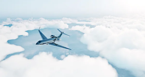 Foto de diseño genérico de lujo negro jet privado volando sobre la tierra. Cielo azul vacío con nubes blancas al fondo. Concepto de viaje de negocios. Horizontal. renderizado 3d —  Fotos de Stock