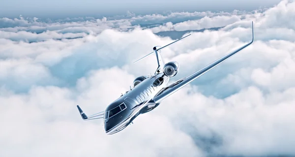 Image of black luxury generic design private jet flying in blue sky. Huge white clouds at background. Business travel concept. Horizontal . 3d rendering — Stock Photo, Image