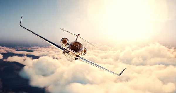 Image of black luxury generic design private jet flying in blue sky at sunset. Huge white clouds and sun background. Business travel concept. Horizontal , front view. 3d rendering — Stock Photo, Image