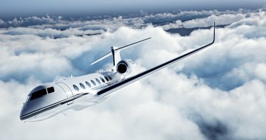 Beyaz Lüks jenerik tasarım özel jet dünya üzerinde uçan Gerçekçi resim. Arka planda beyaz bulutlar ile boş mavi gökyüzü. İş Seyahati Konsepti. Yatay. 3d render
