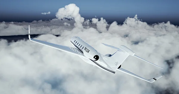 Foto von weißen Luxus-Generika-Design Privatjet fliegen über die Erde. leerer blauer Himmel mit weißen Wolken im Hintergrund. Geschäftsreisekonzept. horizontal. 3D-Darstellung — Stockfoto