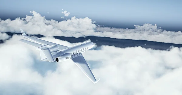 Imagem realista de branco Luxo design genérico avião privado voando sobre a terra. Céu azul vazio com nuvens brancas no fundo. Conceito de Viagem de Negócios. Horizontal. Renderização 3d — Fotografia de Stock