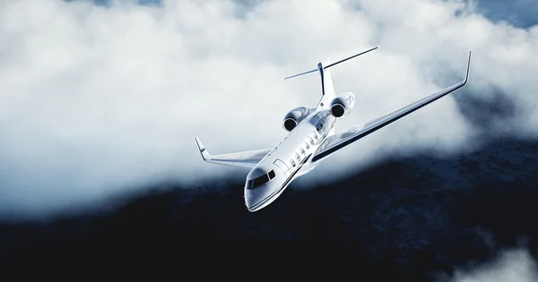 Realistic picture of White Luxury generic design private airplane flying over the earth. Abstract white clouds at background. Business Travel Concept. Horizontal. 3d rendering — Stock Photo, Image