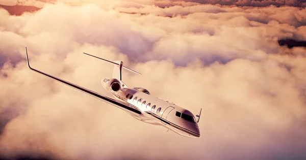 Foto realistica di White Luxury disegno generico aereo privato che vola sopra la terra.Cielo tramonto vuoto con astratto sfondo nuvole bianche. Concetto di viaggio d'affari. Orizzontale. rendering 3d — Foto Stock