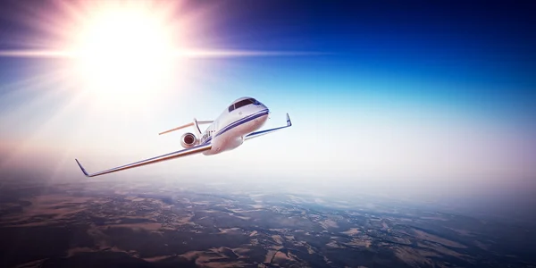 Imagen realista de White Luxury diseño genérico jet privado volando sobre las montañas. Cielo azul vacío con sol al fondo. Concepto de viajes de negocios. Horizontal. renderizado 3d — Foto de Stock