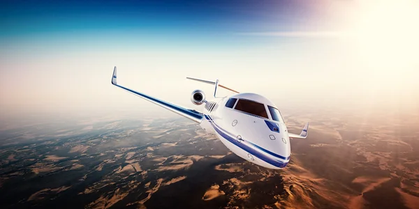 Realistiska foto av vit generisk design privat jet flyger över bergen. Töm blå himmel med sol i bakgrunden. Affärsresor med modern lyx plan. horisontell. närbild bild. 3D-rendering — Stockfoto