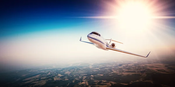 Realistic photo of white generic design private Jet flying over the mountains. Empty blue sky with sun at background.Business Travel by modern Luxury Plane.Horizontal.Closeup photo. 3d rendering — Stock Photo, Image