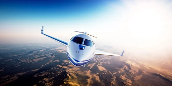 Realistic photo of White generic design private jet flying over the mountains.Empty blue sky and sun at background.Business Travel by modern Luxury aircraft.Horizontal,front view closeup. 3d rendering — Stock Photo, Image