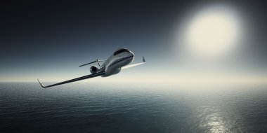 Gün doğumunda Sky Beyaz Lüks Jenerik Tasarım Özel Jet Uçan Fotoğraf. Mavi Okyanus ve Güneş Arka Plan. İş Seyahati Resim.Yatay, Film Efekti. 3d render.