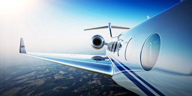 Closeup Photo of White Luxury Generic Design Private Aircraft Flying in Blue Sky at sunrise.Uninhabited Desert Mountains Background.Business Travel Picture.Horizontal,Film Effect. 3D rendering.