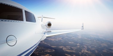 Closeup Fotoğraf Pilot Kabin Beyaz Lüks Jenerik Tasarım Özel Uçak Gün batımında Blue Sky Uçan. Issız Çöl Dağları Background.Business Travel Picture.Horizontal,Film Effect.3d render.