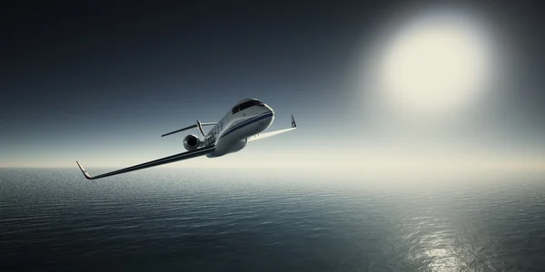 Foto de White Luxury Generic Design Private Jet Volando en el cielo al amanecer. Fondo azul océano y sol. Fotografía de viaje de negocios.Horizontal, Efecto de película. Renderizado 3D . — Foto de Stock