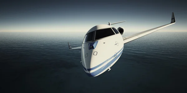 Foto di White Luxury Generic Design Private Jet Volare in cielo di notte. Sfondo blu dell'oceano. Foto di viaggio d'affari.Orizzontale, effetto pellicola. Rendering 3D . — Foto Stock