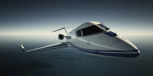 Foto van witte luxe generieke ontwerp prive-jet vliegen in de lucht 's nachts. Blauwe oceaan achtergrond. Zakelijke reis foto. Breed. Vooraanzicht. Film effect. 3D-rendering. — Stockfoto