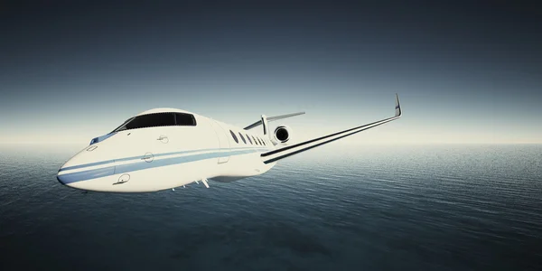 Foto de White Luxury Generic Design Private Jet Volando en el cielo bajo la superficie del agua. Fondo del Océano Azul. Fotografía de viaje de negocios.Horizontal, Efecto de película. Renderizado 3D . —  Fotos de Stock