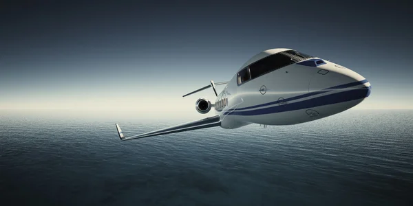 Foto de White Luxury Generic Design Private Jet Volando en el cielo bajo la superficie del agua. Fondo del Océano Azul. Viajes de negocios. Amplio. Efecto de película. Renderizado 3D . — Foto de Stock