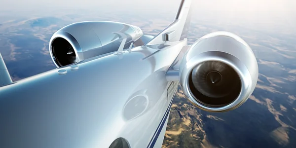 Foto vit lyx generisk design privat jet flyger i blå himmel vid solnedgången. Närbild bild av två reaktiva turbinen. mans världen. Full effekt. Affärsresa föreställer. horisontal, filma verkställer. 3D-rendering. — Stockfoto