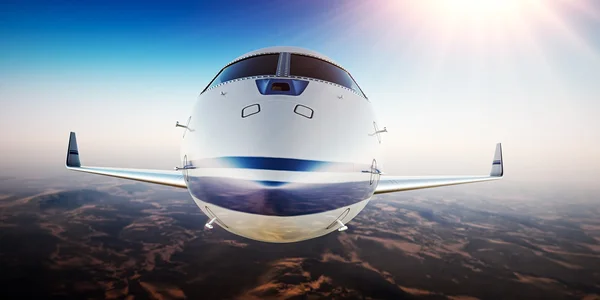 Close up Photo of White Luxury Generic Design Aeromobile privato Volare in cielo blu.Deserto disabitato Montagne Sole Sfondo.Vista anteriore.Viaggio d'affari.Orizzontale, effetto pellicola. Rendering 3D . — Foto Stock