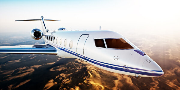 Realistic Photo of White Luxury Generic Design Private Jet Flying in Blue Sky at Sunset.Uninhabited Desert Mountains Background.Business Travel Picture.Horizontal, Film Effect. 3D рендеринг
.