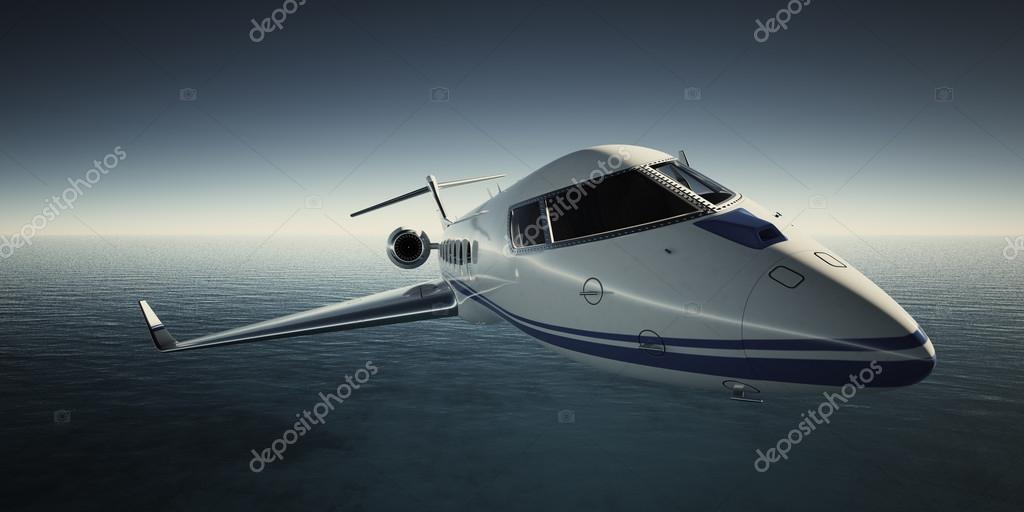 Фото White Luxury Generic Design Private Jet Flying In Sky Ночью.