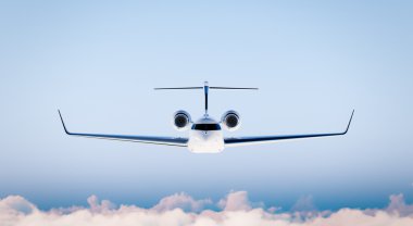 Fotoğraf Beyaz Mat Lüks Genel Tasarım Özel Uçak Modeli Blue Sky.Clear Mockup Blurred Background.Business Travel Resim izole. Ön görüş. Yatay. 3d render.