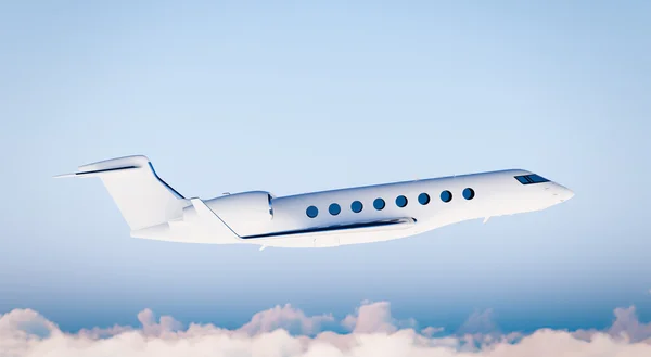 Photo White Matte Luxury Generic Design Private Airplane Flying in Blue Sky.Clear Mockup Isolated on Blurred Background.Business Travel Picture. Right Side view. Horizontal. 3D rendering. — Stock Photo, Image