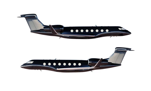 照片黑色光泽豪华通用设计私人飞机模型。清除模拟隔离空白白色背景.商务旅行图片.左侧视图。水平。3d 渲染. — 图库照片