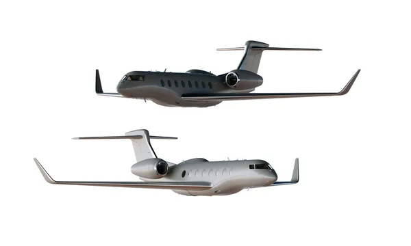 Foto Gray Matte Luxury Generic Design Private Airplane Model. Clear Mockup Aislado Blanco en Blanco.Foto de viaje de negocios. Vista lateral en ángulo. Horizontal. Renderizado 3D . — Foto de Stock