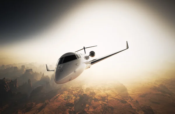 Photo fehér fényes luxus általános design Private Jet repül égen Föld felszínén. Grand Canyon háttér naplemente. Business Travel image. horizontális, balra szög View. film hatása. 3D-leképezés. — Stock Fotó
